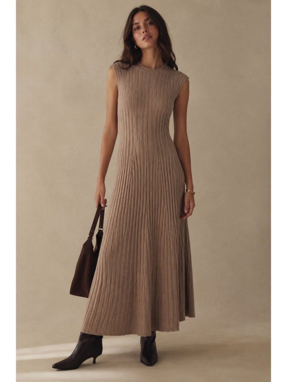 Banana Republic Andiamo Merino Wool Ribbed Sweater Dress XS Beige Taupe Midi